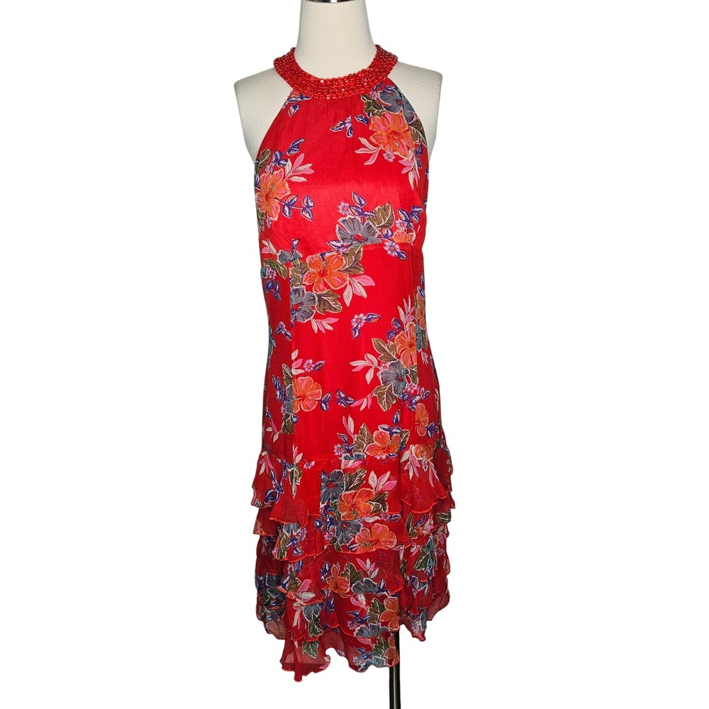 WD.NY Red Floral 100% Silk Beaded Halter Tiered Maxi Dress Backless Y2K Size 14